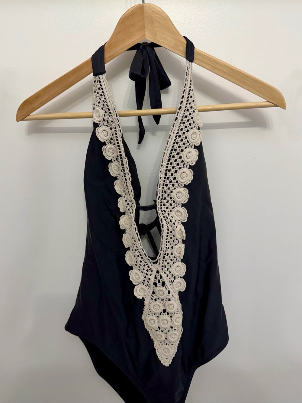 Kona Sol Black Swimsuit with Cream Crochet Accent